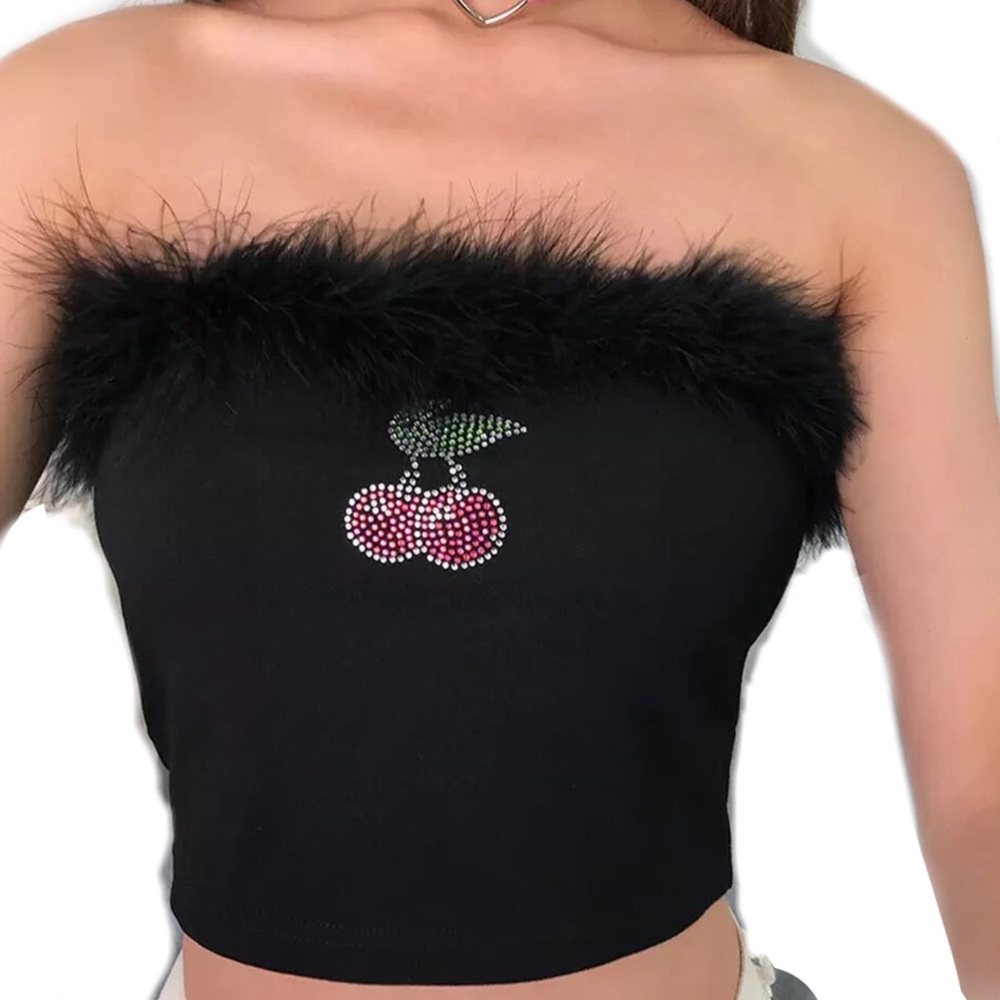 🍒 cherry rhinestone black fluffy tube crop top 🍒